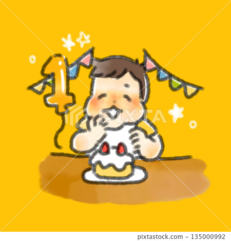 一幅水彩手繪插畫,描繪了一個嬰兒用手抓著蛋糕慶祝一歲生日的場景。 一幅水彩手繪插畫,描繪了一個嬰兒用手抓著蛋糕慶祝一歲生日的場景。 135000992