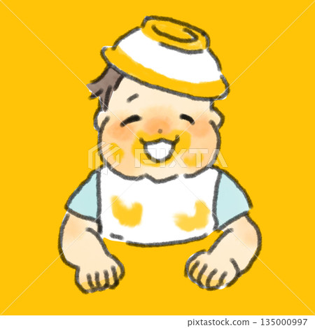 一幅水彩風格的手繪插畫,描繪了一個頑皮的寶寶飯後戴著餐盤當帽子,臉上帶著燦爛的笑容。 一幅水彩風格的手繪插畫,描繪了一個頑皮的寶寶飯後戴著餐盤當帽子,臉上帶著燦爛的笑容。 135000997