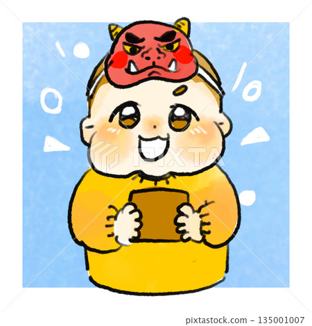 節分日，一個戴著惡魔面具、手裡拿著豆子的嬰兒 135001007