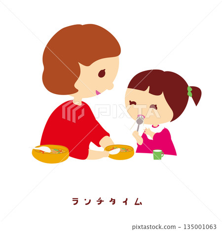 The mother is standing next to her, helping her child eat. 135001063