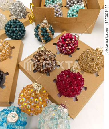 Set of handmade Christmas balls made of crystal beads of different colors Set of handmade Christmas balls made of crystal beads of different colors 135001455