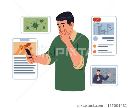 Man reading news. Smartphone screen. Guy holding mobile phone. Online newspaper content. Disaster and catastrophe newsletter articles. Media journal. Web publication. Press reportage. Vector concept Man reading news. Smartphone screen. Guy holding mobile phone. Online newspaper content. Disaster and catastrophe newsletter articles. Media journal. Web publication. Press reportage. Vector concept 135001481