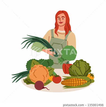 Local farm. Farmer with vegetables. Organic food. Natural farming fruits bazaar. Woman selling ripe harvest at stand. Person growing corn and cabbage. Agriculture crop sale. Vector isolated gardener 135001498