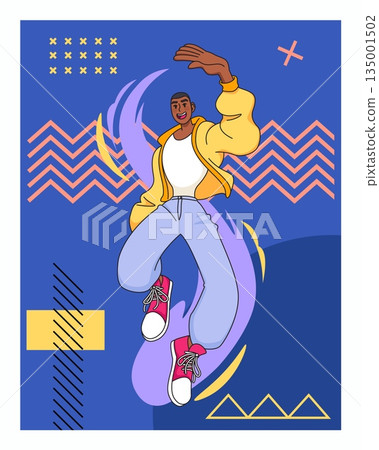 Art poster. Creative geometric card. Cartoon young character. Happy guy portrait. Excited man pose. Abstract color shapes. Flat figures. Trendy joyful person dancing or jumping. Vector banner design Art poster. Creative geometric card. Cartoon young character. Happy guy portrait. Excited man pose. Abstract color shapes. Flat figures. Trendy joyful person dancing or jumping. Vector banner design 135001502