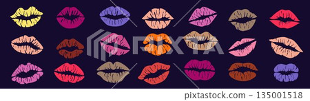 Lip sensual impression. Kiss stamp. Mouth mark. Labial imprint. Feminine oral shape. Smooch icon, red embrace glamour. Lip lock contour. Lipstick palette. Vector shadow tidy peck isolated elements 135001518