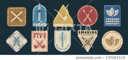 Vintage tobacco logo set. Mafia cigar label. Emblem design. Leaf patch. Retro badge. Smoke sticker. Tissue paper sign. Smoking company marketing branding emblems. Vector garish isolated illustration Vintage tobacco logo set. Mafia cigar label. Emblem design. Leaf patch. Retro badge. Smoke sticker. Tissue paper sign. Smoking company marketing branding emblems. Vector garish isolated illustration 135001519