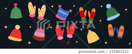 Winter hats, gloves. Knit caps, snow mittens. Hand and heads warmers. Snow clothing element. Cozy seasonal fashion. Accessory for cold season. Vector tidy cartoon flat style isolated illustration Winter hats, gloves. Knit caps, snow mittens. Hand and heads warmers. Snow clothing element. Cozy seasonal fashion. Accessory for cold season. Vector tidy cartoon flat style isolated illustration 135001522
