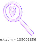 Purple translucent search location icon in glassmorphism style for maps and address finding features. Combining magnifying glass with pin, it serves as clear symbol for local discovery and GPS 135001856