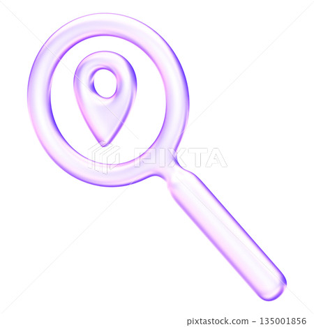 Purple translucent search location icon in glassmorphism style for maps and address finding features. Combining magnifying glass with pin, it serves as clear symbol for local discovery and GPS Purple translucent search location icon in glassmorphism style for maps and address finding features. Combining magnifying glass with pin, it serves as clear symbol for local discovery and GPS 135001856