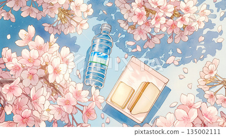A spring park landscape with blooming cherry blossoms bathed in soft sunlight and green grass under a wide blue sky 135002111
