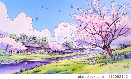 一幅描繪春日陽光普照下的公園的風景畫，盛開的櫻花在微風中搖曳，預示著新季節的到來。 135002142