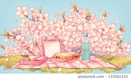 一幅描繪春日陽光普照下的公園的風景畫，盛開的櫻花在微風中搖曳，預示著新季節的到來。 135002143