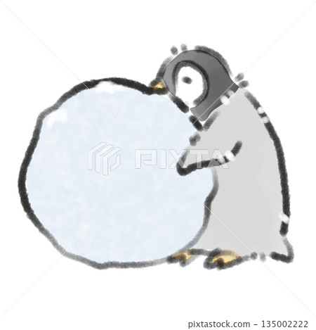 A watercolor hand-drawn illustration of a baby penguin playing in winter, rolling a big snowball with all his might 135002222