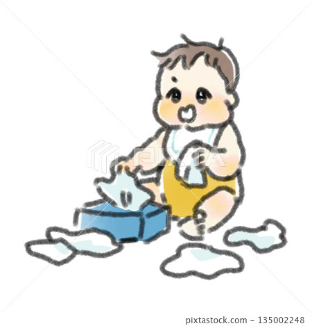 一幅俏皮的水彩風格手繪插圖，描繪了一個嬰兒玩耍時從紙巾盒裡一張接一張地抽出紙巾的場景。 135002248