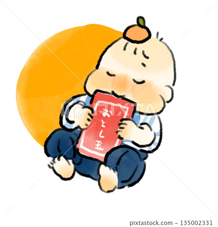 A watercolor hand-drawn illustration of a baby happily clutching a bag of New Year's money after receiving it on New Year's Day 135002331