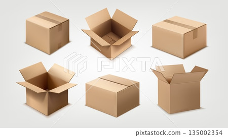 Cardboard box. 3D mockup. Open carton paper parcel different angles view. Realistic package delivery. Brown empty storage or delivery container. Closed transportation. Vector isolated illustration Cardboard box. 3D mockup. Open carton paper parcel different angles view. Realistic package delivery. Brown empty storage or delivery container. Closed transportation. Vector isolated illustration 135002354