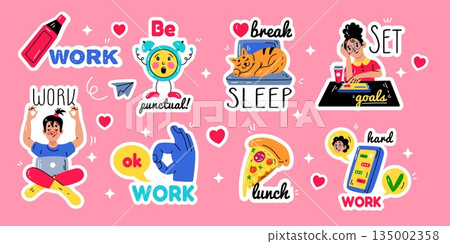 Cartoon business office. Workplace sticker. Laptop label. Character working. Motivational expression. Corporate routine. Time management, office routine icons. Vector funny retro tidy badges set Cartoon business office. Workplace sticker. Laptop label. Character working. Motivational expression. Corporate routine. Time management, office routine icons. Vector funny retro tidy badges set 135002358