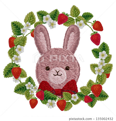 [Strawberry and rabbit stuffed animal round frame] Hand embroidery illustration material 135002432