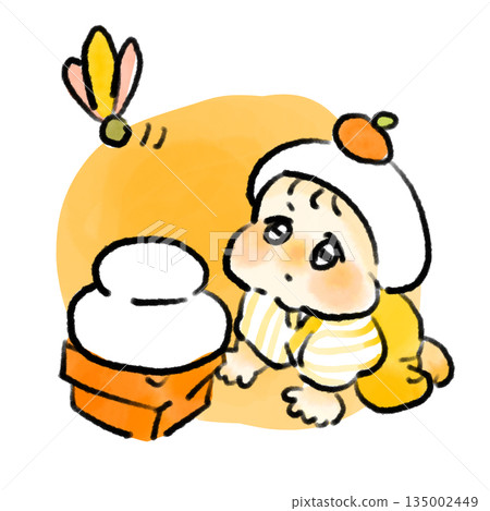 一幅水彩風格的手繪插圖，描繪了一幅新年景象：一個嬰兒好奇地爬在鏡餅和羽毛旁邊。 135002449