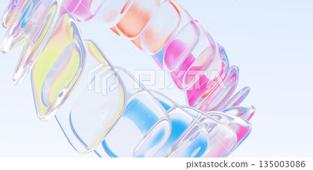 Rainbow glass circle on light blue 3d background. Colorful ring of bright transparent square plate shapes, gradient swirl vortex with motion effect. Abstract futuristic tech banner. 3D illustration 135003086