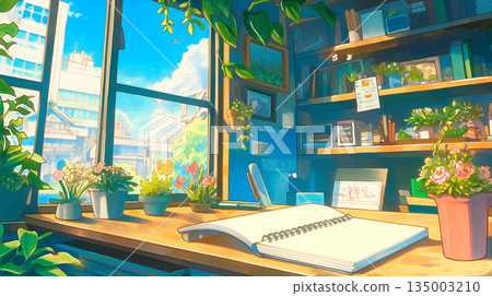清晨的陽光透過窗戶灑進來，植物的影子投下斑駁的光影，營造出一個輕鬆的工作空間，充滿手繪藝術的溫暖、模擬感和懷舊氣息。 135003210