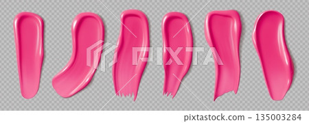 Realistic pink lipstick cosmetic swatches set. 3d vector glossy paint smears with smooth texture and fluid shape. Rose shiny makeup gloss, nail polish, beauty or fashion cosmetics product brushstrokes 135003284
