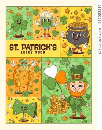 Funny St Patrick Day groovy characters poster of cartoon cute leprechaun, lucky clover and green beer. Vector St Patrick Day retro poster of groovy shamrock, leprechaun gold pot, horseshoe characters Funny St Patrick Day groovy characters poster of cartoon cute leprechaun, lucky clover and green beer. Vector St Patrick Day retro poster of groovy shamrock, leprechaun gold pot, horseshoe characters 135003315