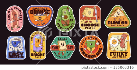 Breakfast groovy stickers, morning breakfast hippie patches. Set of retro food character badges featuring sausage, cereal bowl, avocado, sandwich, blueberry, juice, toast, coffee cup, egg and bacon Breakfast groovy stickers, morning breakfast hippie patches. Set of retro food character badges featuring sausage, cereal bowl, avocado, sandwich, blueberry, juice, toast, coffee cup, egg and bacon 135003316