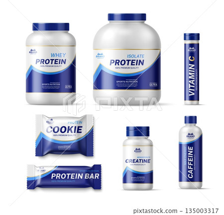 Realistic sport nutrition product package mockup. Vector jars and bottles of whey protein powder, vitamin and energy drink, protein bar and cookie sachet. 3d plastic packages of sport nutrition Realistic sport nutrition product package mockup. Vector jars and bottles of whey protein powder, vitamin and energy drink, protein bar and cookie sachet. 3d plastic packages of sport nutrition 135003317