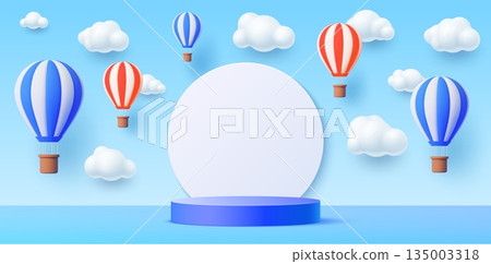 3d kids podium stage with air balloons and clouds. The cute blue platform is surrounded by funny red and blue balloons floating in the sky. Vector presentation space for baby products or nursery decor 3d kids podium stage with air balloons and clouds. The cute blue platform is surrounded by funny red and blue balloons floating in the sky. Vector presentation space for baby products or nursery decor 135003318