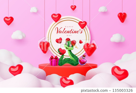 Valentine day podium stage with snake and heart balloons in clouds, vector poster. Happy Valentine day love holiday greeting card with funny snake, wedding gift and magic love potion on podium stage 135003326