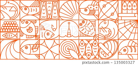 Seafood and fish geometric pattern with sea food and fish. Vector retro modern abstract linear marine motif with waves, hooks and nets line art elements for seafood, ocean and fishing background 135003327