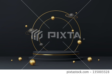 3d black vector podium stage with platform stand surrounded by golden circular rings, floating black or gold planets with orbits. Luxury presentation, space exhibition, cosmetic product stage mockup 135003328