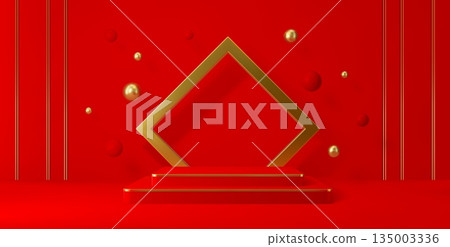 3d red vector podium stage with golden square arch, red and shiny spheres or pearls and vertical lines. Luxury product display, holiday event platform, cosmetics podium background for presentation 3d red vector podium stage with golden square arch, red and shiny spheres or pearls and vertical lines. Luxury product display, holiday event platform, cosmetics podium background for presentation 135003336