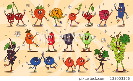Groovy hippie berry characters. Cartoon cute strawberry, cherry raspberry and blueberry. Blackcurrant, barberry, blackberry or gooseberry, green grape and rosehip dances and smiles in a fun retro vibe Groovy hippie berry characters. Cartoon cute strawberry, cherry raspberry and blueberry. Blackcurrant, barberry, blackberry or gooseberry, green grape and rosehip dances and smiles in a fun retro vibe 135003366