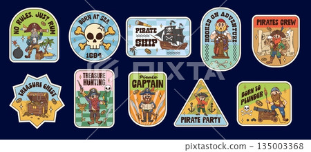 Pirate groovy label stickers with vintage cartoon pirate captains and treasure chests. Corsairs retro patches with skull, ship and cannon. Funky vector pirate stickers with maps and gold coins Pirate groovy label stickers with vintage cartoon pirate captains and treasure chests. Corsairs retro patches with skull, ship and cannon. Funky vector pirate stickers with maps and gold coins 135003368