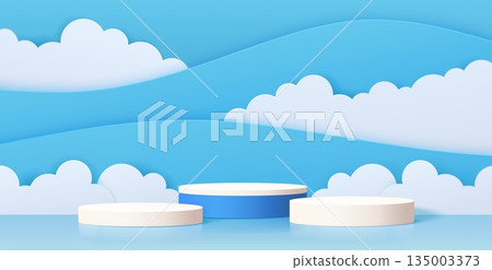3d blue vector circular podium stage with soft white fluffy clouds float across blue waves in sky. Cosmetics product presentation, online store podium stand. Studio room background, showroom mockup 3d blue vector circular podium stage with soft white fluffy clouds float across blue waves in sky. Cosmetics product presentation, online store podium stand. Studio room background, showroom mockup 135003373