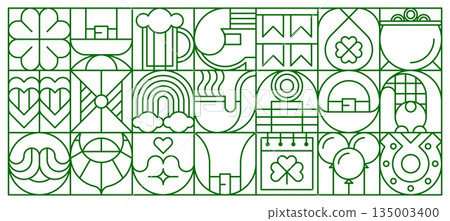 Happy Saint Patricks day geometric pattern with bagpipe, beer glass, flag, clover, bowler hat, golden coin, money, rainbow, smoking pipe, Leprechaun hat. Vector background with green outline element Happy Saint Patricks day geometric pattern with bagpipe, beer glass, flag, clover, bowler hat, golden coin, money, rainbow, smoking pipe, Leprechaun hat. Vector background with green outline element 135003400