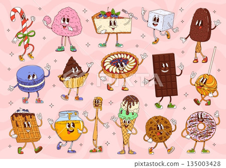 Cartoon groovy sweets and bakery characters of vector chocolate, candies, ice cream and pastry dessert food. Funny retro groovy cake, pie and cheesecake, cookie, donut, lollipop and cupcake characters 135003428