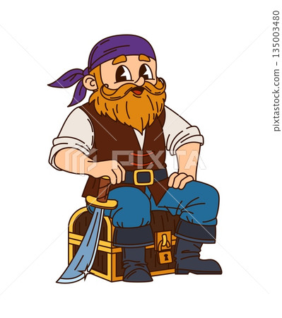 Corsair pirate crew sailor sits on treasure chest cartoon character. Cheerful corsair bandit character, pirate isolated vector mascot. Boatswain personage with red beard and mustaches, cutlass sword 135003480