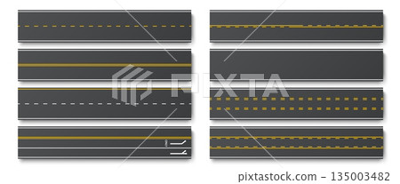 3d realistic top view asphalt road segments with traffic patterns such dashed lines, solid and double lanes and directional arrows. Vector for transportation maps, driving simulations or city planning 135003482