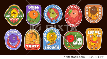 Funny ripe fruits groovy label stickers, retro patches. Vector set of cute cartoon lemon, orange, pear and peach, kiwi, plum or mango, pineapple, strawberry and banana characters with expressive faces 135003495