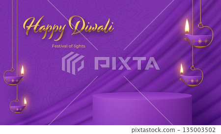 Indian holiday Diwali podium stage with lanterns diyas. 3d vector elegant purple happy Diwali greeting text and fabric texture with traditional floral patterns, celebrating the festival of lights Indian holiday Diwali podium stage with lanterns diyas. 3d vector elegant purple happy Diwali greeting text and fabric texture with traditional floral patterns, celebrating the festival of lights 135003502