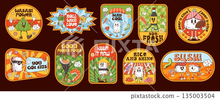 Japanese sushi and roll characters hippie groovy label stickers and y2k patches, vector asian cuisine food. Cartoon maki, temaki and nigiri sushi with chopsticks, wasabi and soy sauce groovy stickers 135003504