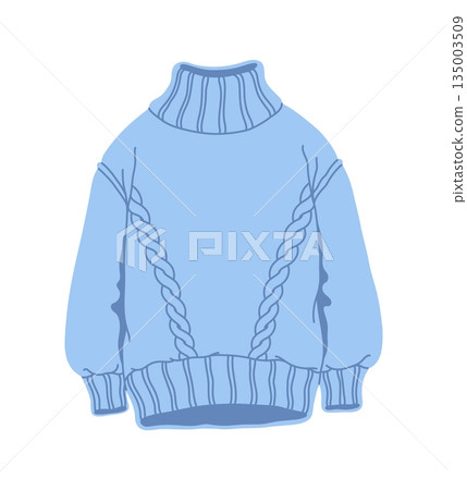 Winter wardrobe blue sweater, cold season clothing item. Cold weather apparel outfit cartoon element, winter wardrobe clothes vector item. Warm blue sweater isolated accessory or sticker Winter wardrobe blue sweater, cold season clothing item. Cold weather apparel outfit cartoon element, winter wardrobe clothes vector item. Warm blue sweater isolated accessory or sticker 135003509