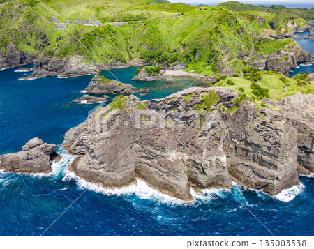 Drone shot of Hirizo Beach. Daikon Island, Aiai Cape, and numerous rocky shores are also visible. Hirizo Beach, Nakagi, Minamiizu Town, Izu Peninsula, Shizuoka Prefecture 135003538