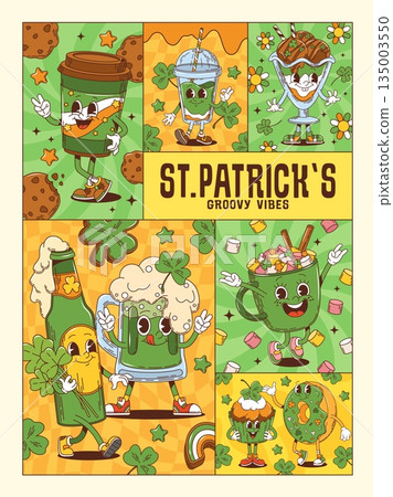 St Patrick day groovy characters collage poster for Irish holiday, cartoon vector. Groovy green ale beer with funny face, coffee with chocolate cookies and shamrock clovers for Saint Patrick poster St Patrick day groovy characters collage poster for Irish holiday, cartoon vector. Groovy green ale beer with funny face, coffee with chocolate cookies and shamrock clovers for Saint Patrick poster 135003550