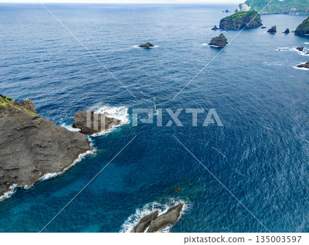 Drone shot of Hirizo Beach. Daikon Island, Aiai Cape, and numerous rocky shores are also visible. Hirizo Beach, Nakagi, Minamiizu Town, Izu Peninsula, Shizuoka Prefecture 135003597