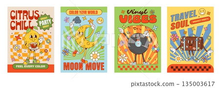 Retro party groovy characters posters of travel luggage suitcase, funny chill lemon holding a tea, dancing crescent moon, vinyl record singing with microphone. disco club and funky vintage posters Retro party groovy characters posters of travel luggage suitcase, funny chill lemon holding a tea, dancing crescent moon, vinyl record singing with microphone. disco club and funky vintage posters 135003617