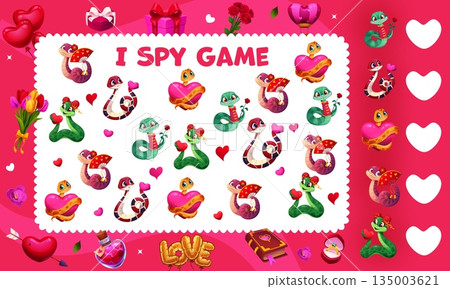 I spy game worksheet to find and match the same picture of snake characters, vector puzzle quiz. I spy game for kids with Valentine hearts, wedding rings, gifts and flowers to match same pictures I spy game worksheet to find and match the same picture of snake characters, vector puzzle quiz. I spy game for kids with Valentine hearts, wedding rings, gifts and flowers to match same pictures 135003621